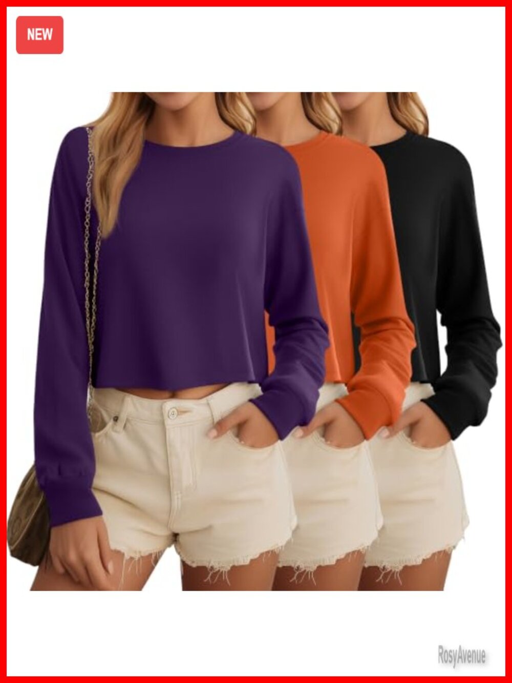 Long Sleeve Cropped Tops 3 Pack Cotton Spandex Crew Neck